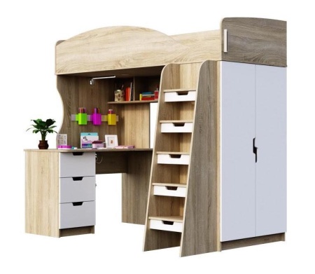 Детская Кровать-Чердак Сэнди Дуб Сонома/Белый Глянец (Д-1235 х В-1820 х Г-2038 мм)